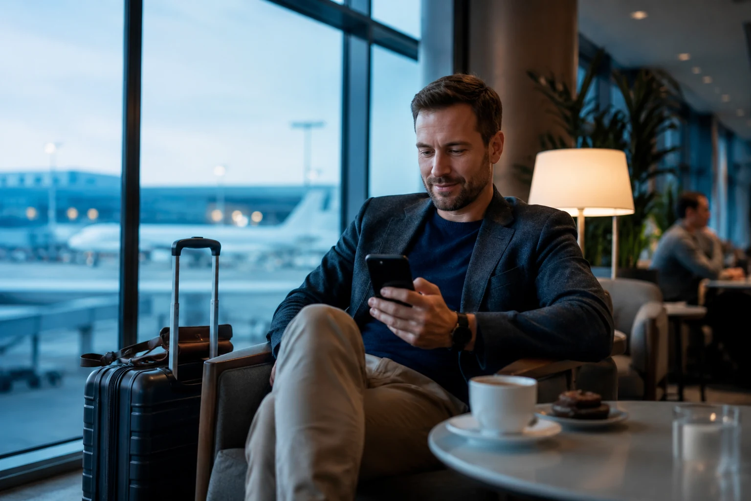 A traveller using a smartphone in an airport lounge.